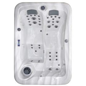 JJSPA Gamma 320 Whirlpool für zwei Personen von oben mit zwei Sitzen, Kopfstützen, Massagedüsen und Skimmer.