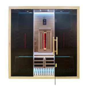 Sauna jip180 mit schwarzer Brille, eingeschalteten Öfen und Sternenhimmel.