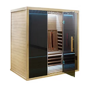 Sauna JIP180 mit schwarzen Gläsern, abgebildet von der Seite mit geöffneter Tür.