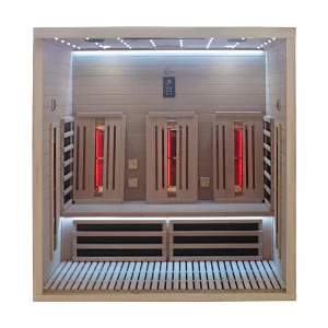 Sauna JJSPA JIP180 mit eingeschalteten Heizungen und Lichtern, ohne Vorderseite.