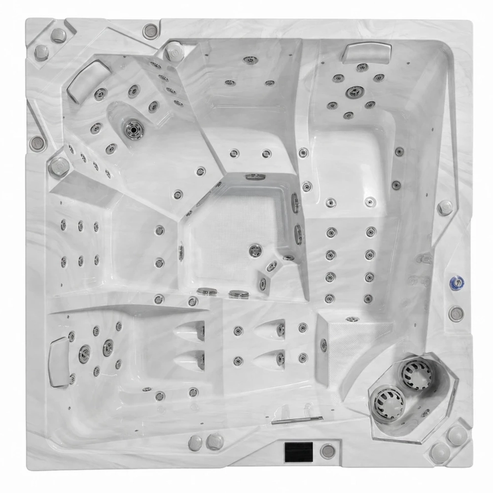 JJSPA Alpha 923 Whirlpool von oben mit weiß marmorierter Wanne, zahlreichen Düsen und Filtern im Skimmer.