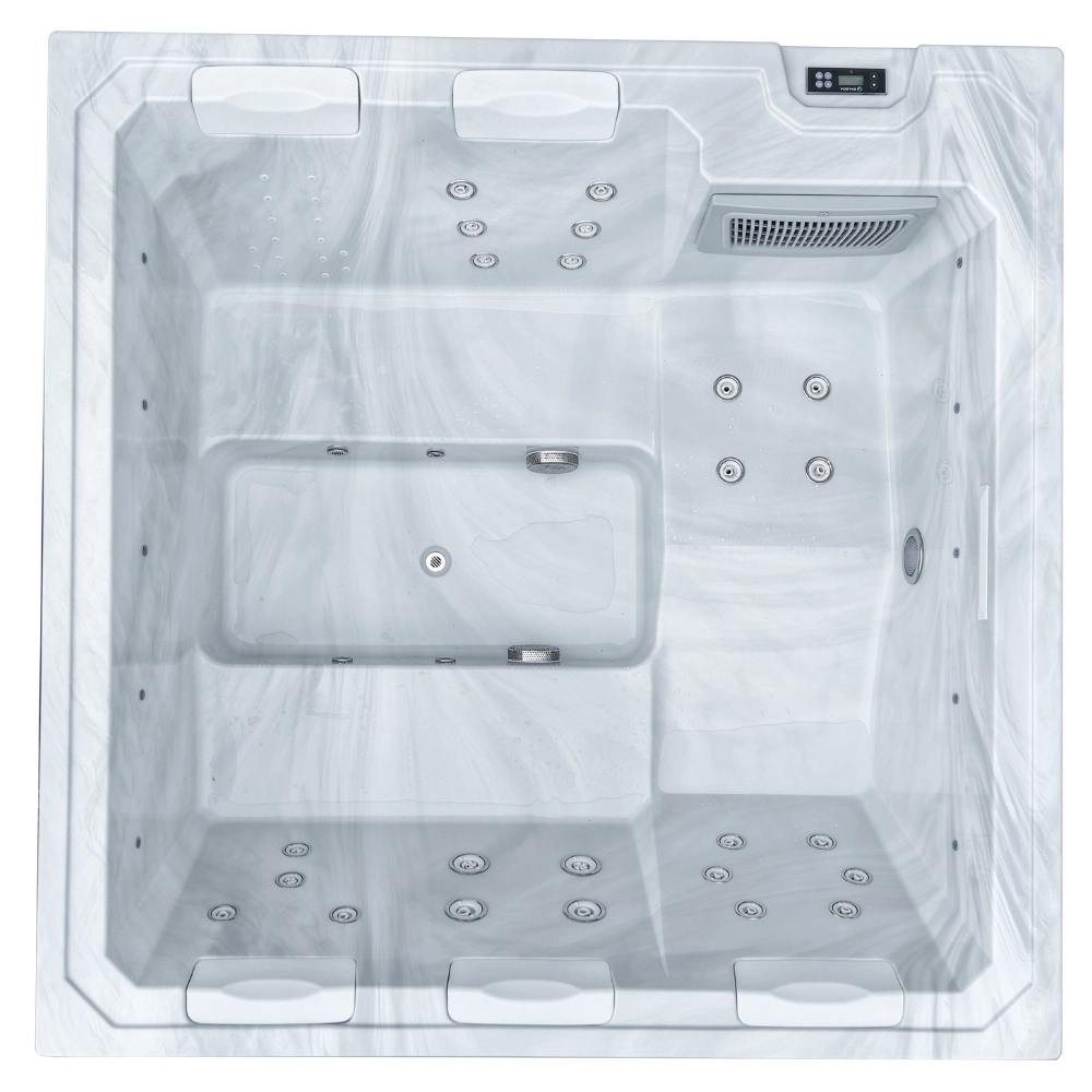 Draufsicht auf den Whirlpool JJSPA Beta 414 mit weißer Wanne in Marmoroptik, Sitzen, Massagedüsen und Kopfstützen.