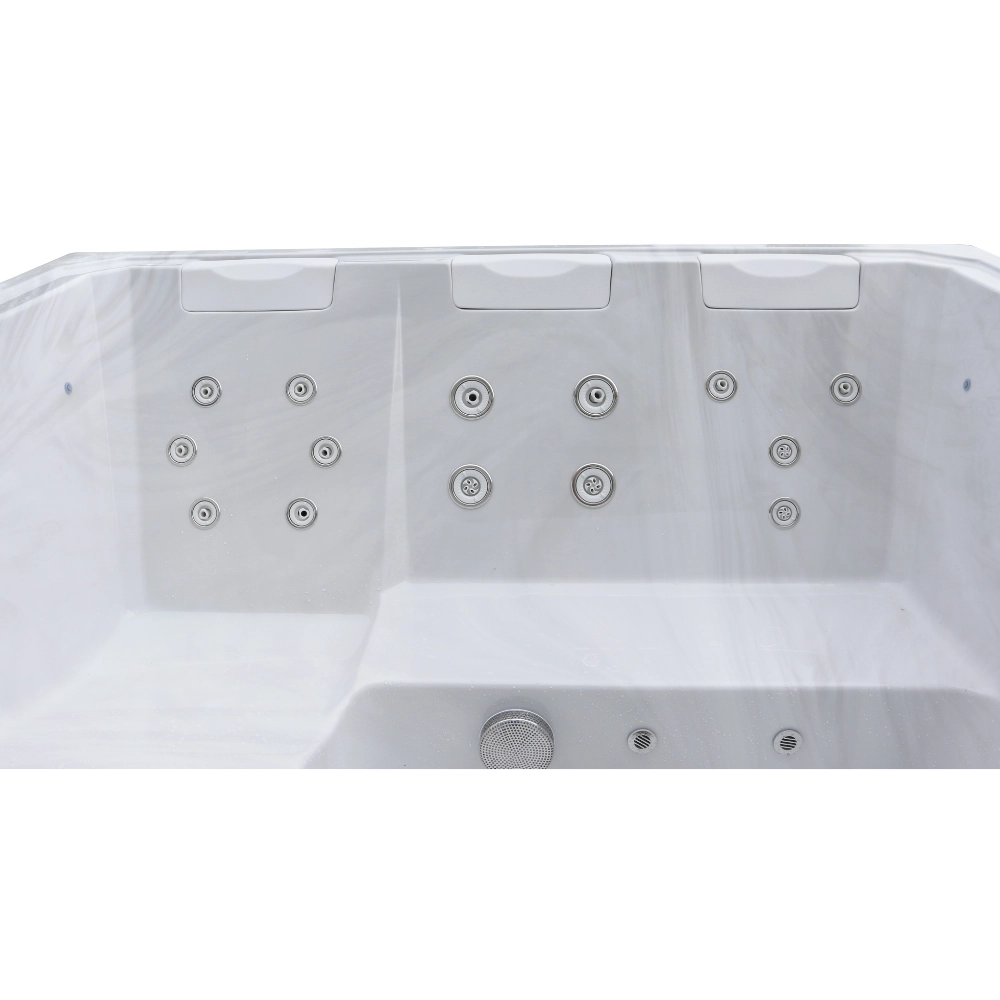 Nahaufnahme von drei Sitzen mit Kopfstützen und Rückenmassagedüsen im Whirlpool JJSPA Beta 414.