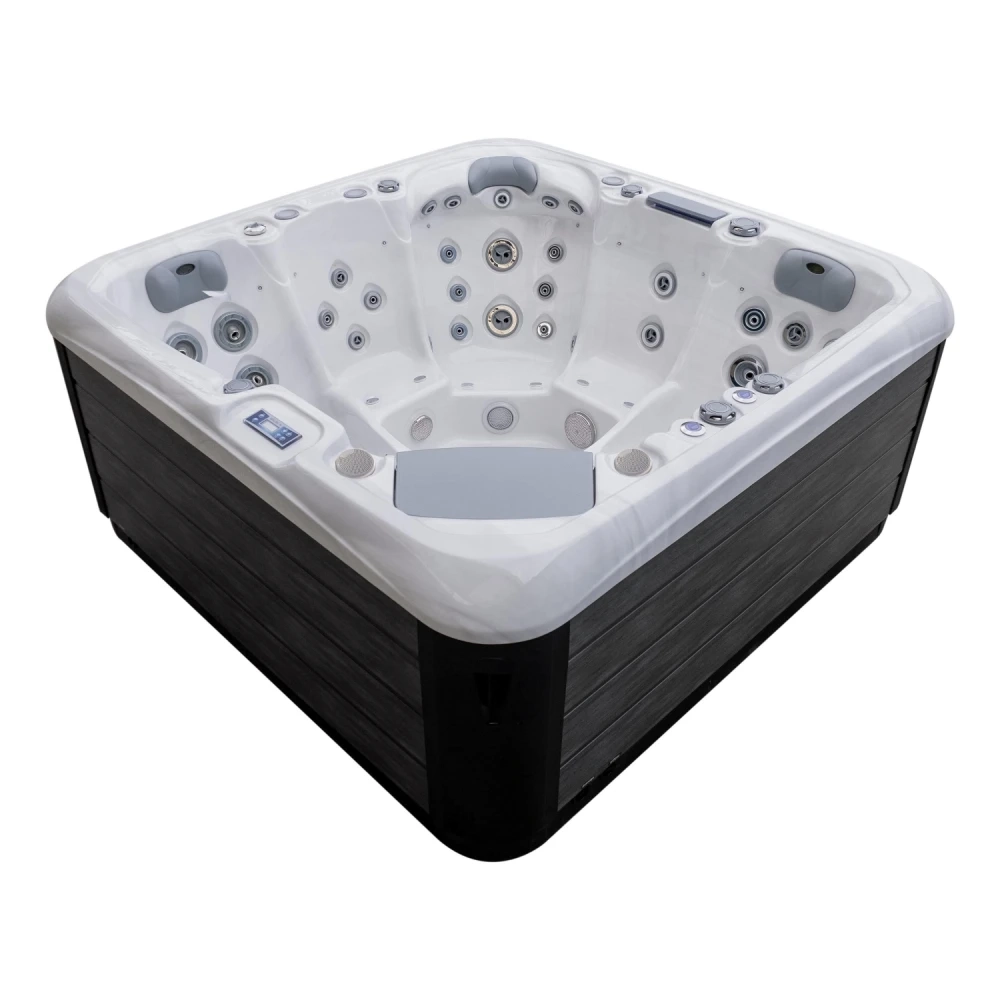 JJSPA Beta 523 Whirlpool, Acryl in Weißmarmor-Optik und graue Verkleidung.