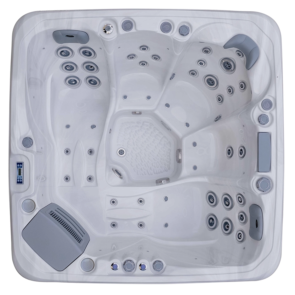 JJSPA Beta 523 Whirlpool mit weißem Marmor-Acryl, Layout Draufsicht.